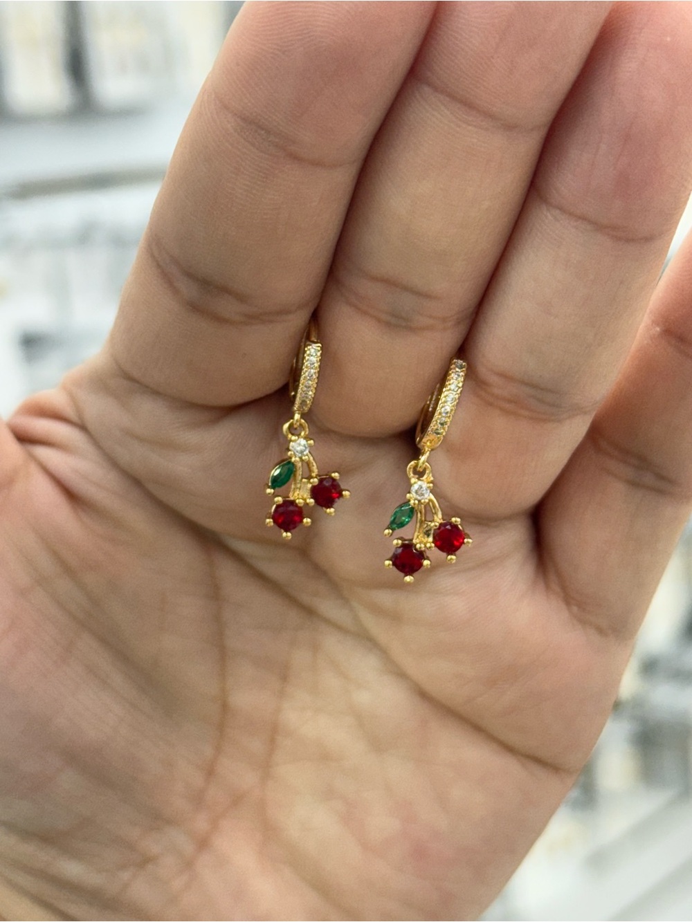 Gold Plated Cherry Drop Earrings with Red and Green Stones